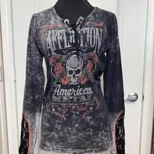 Affliction Long Sleeve “American Metal Bottle Service” Lace-Up Shirt – Size Smal